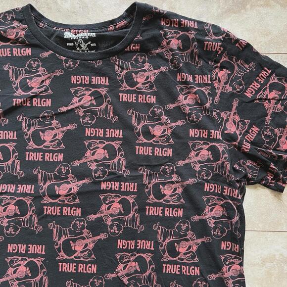 True Religion World Tour T Shirt Buddha AOP All Over Black Red Sz XXL Slim Fit - Picture 2 of 7